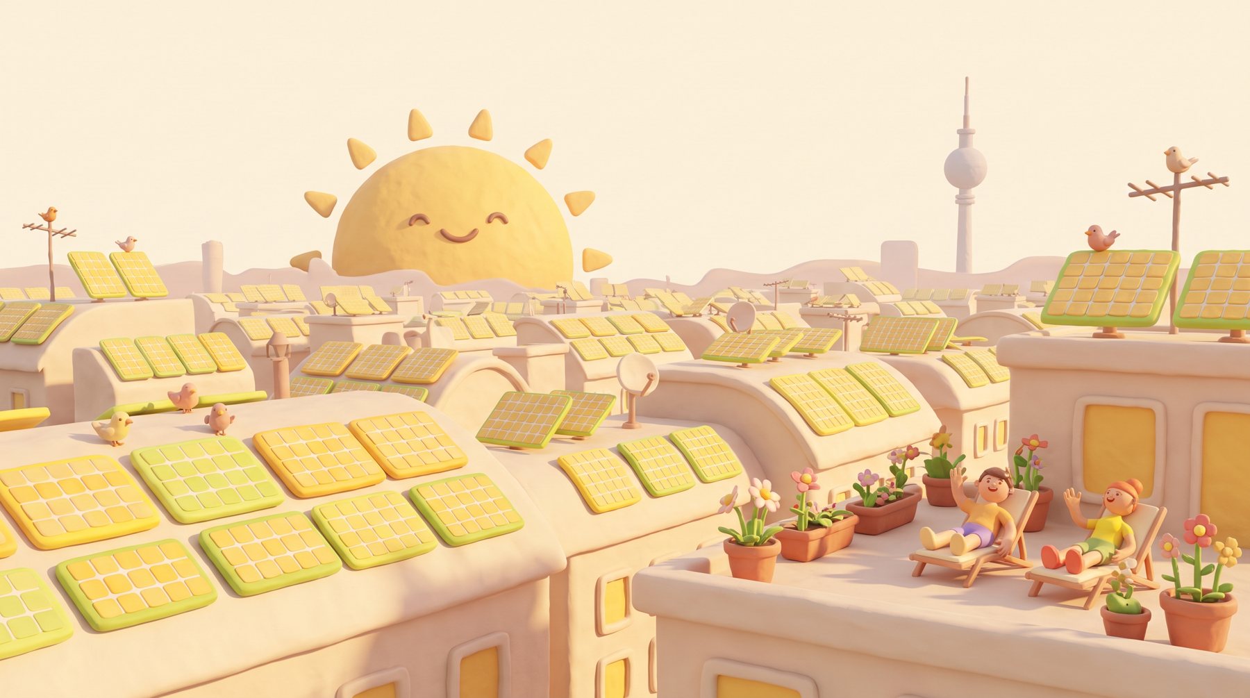 Sonnige Illustration: Berliner Dächer voller Solaranlagen im Morgenlicht