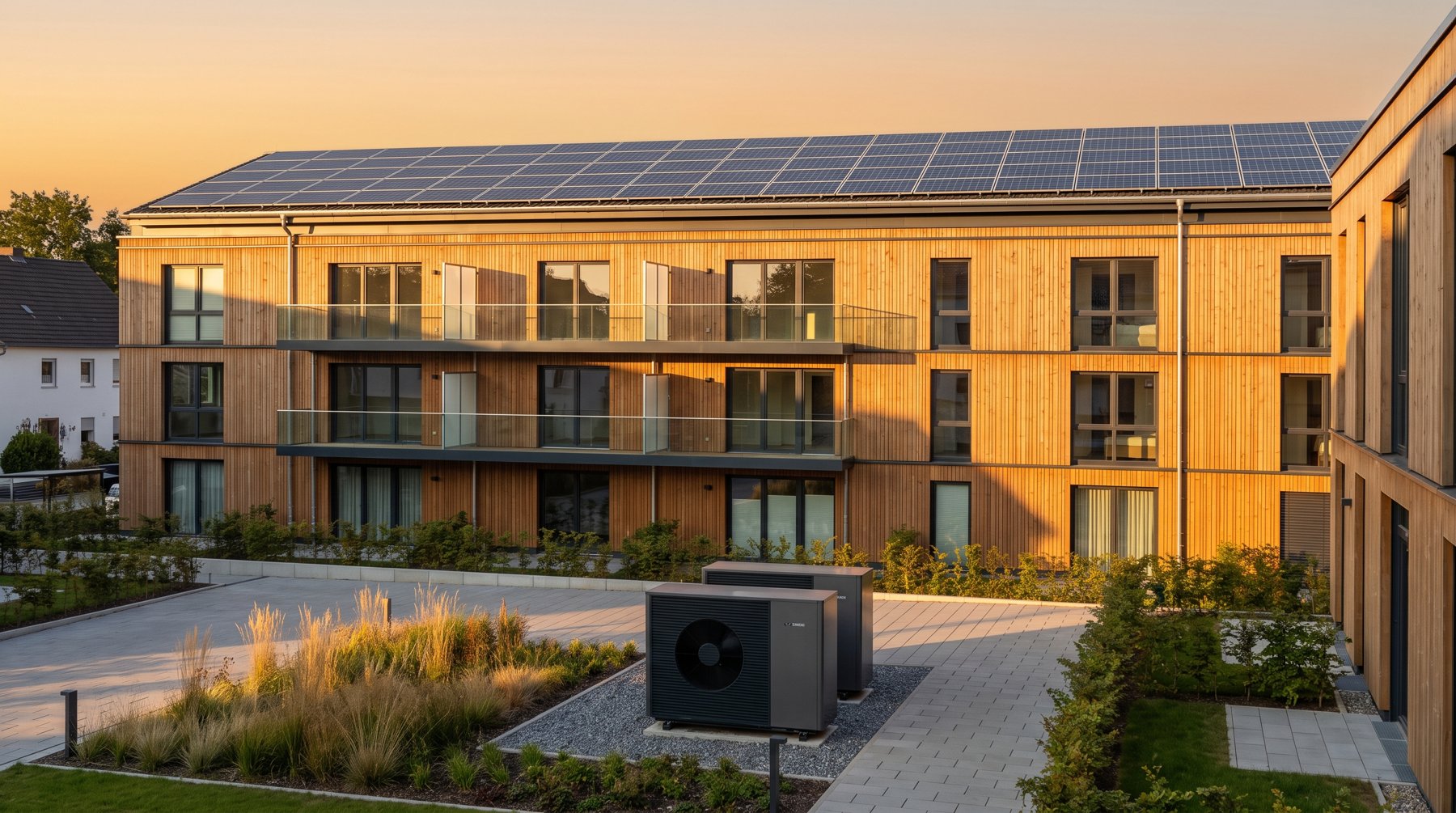 Modernes Mehrfamilienhaus mit Photovoltaik-Dachanlage und Wärmepumpen