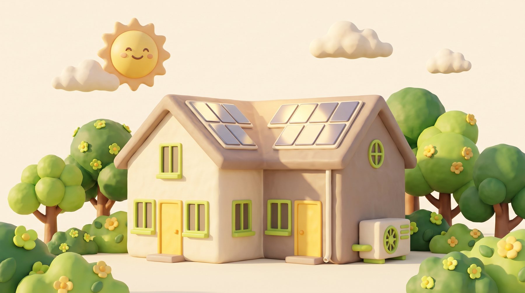 Freundliche Illustration: Wohnhaus mit Solaranlage und Wärmepumpe im warmen Morgenlicht